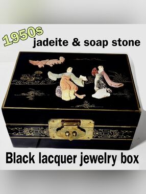 Vintage Black Lacquer Jadeite & Inlay Jewelry Box W/ Brass & Silk